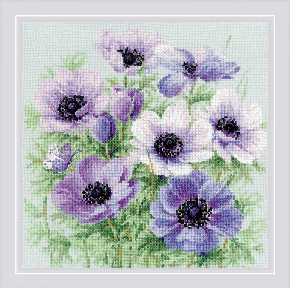Riolis Kryželiu siuvinėjimo rinkinys "Violetiniai flioksiniai gvazdikai" 30x30 SR2176