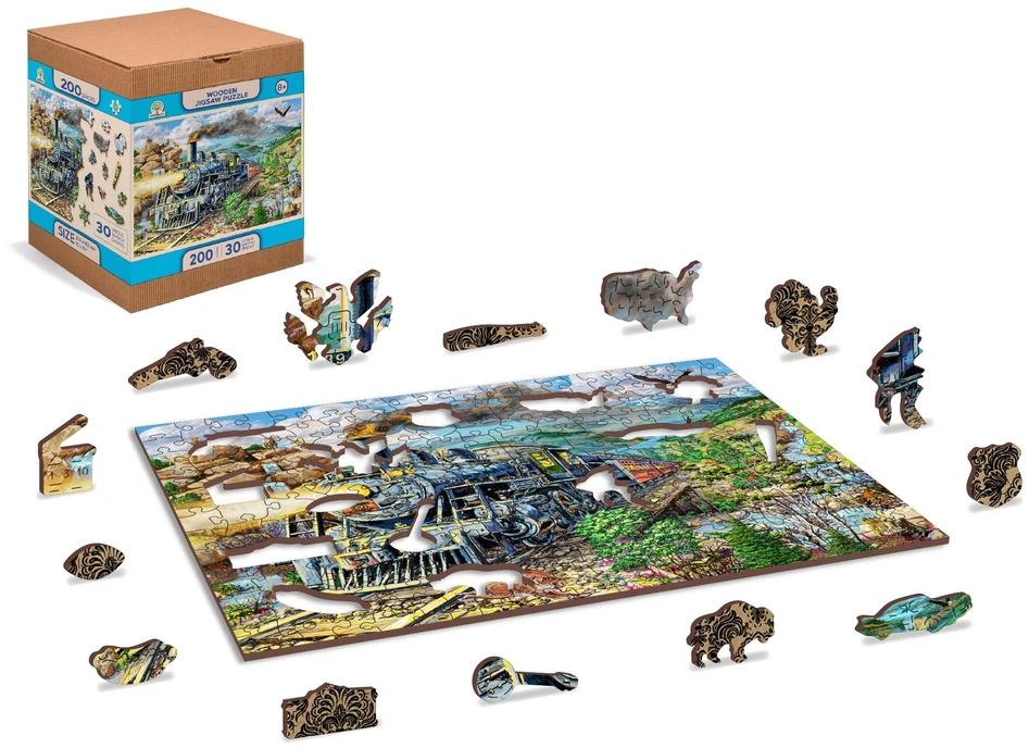 Wooden city Medinė dėlionė „Traukinys“ 200 detalių, dvipusės figūrėlės 10+