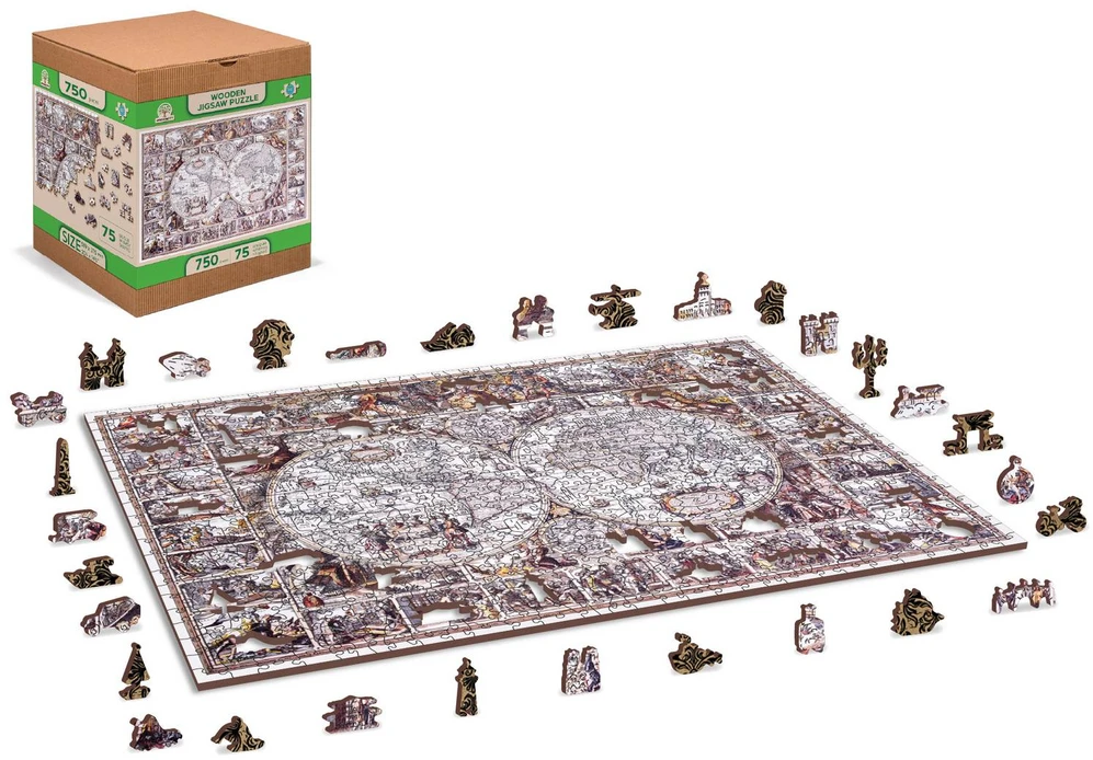 Wooden city Medinė dėlionė „Tyrinėjimų žemėlapis“ 750 detalių, dvipusės figūrėlės 12+