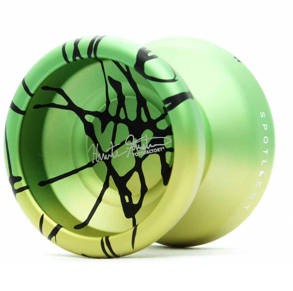 YoYoFactory Spotlight Ultra aliuminis yoyo – nereaguojantis, pažengusiems, Hunter Feuerstein parašas – geltona/žalia/juoda