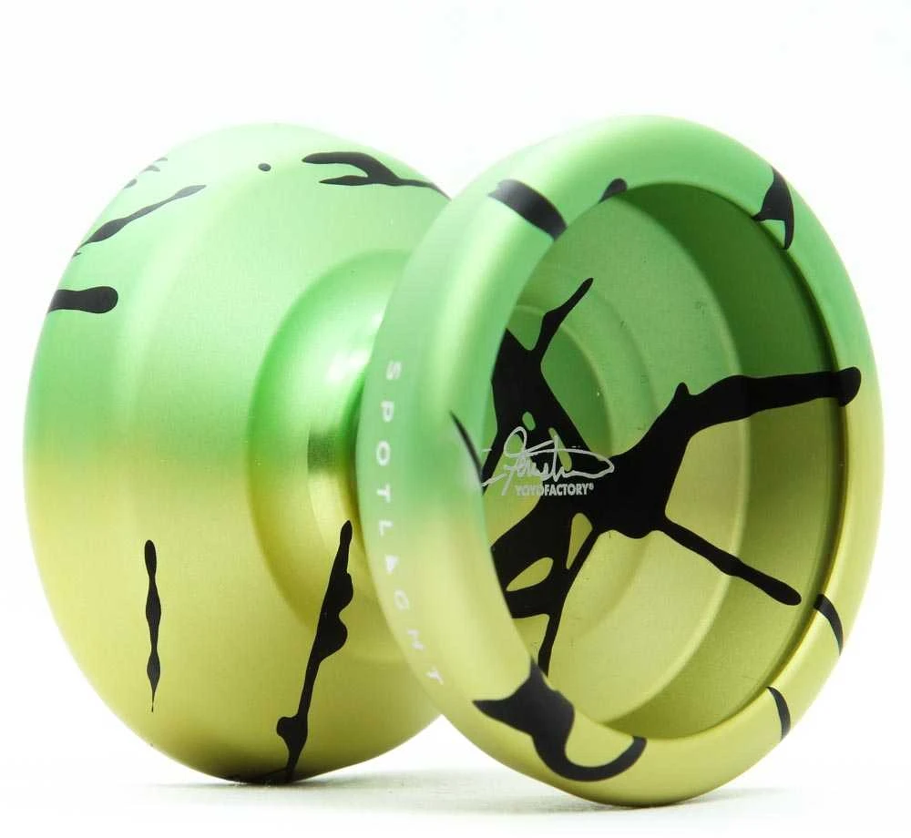 YoYoFactory Spotlight Ultra aliuminis yoyo – nereaguojantis, pažengusiems, Hunter Feuerstein parašas – geltona/žalia/juoda