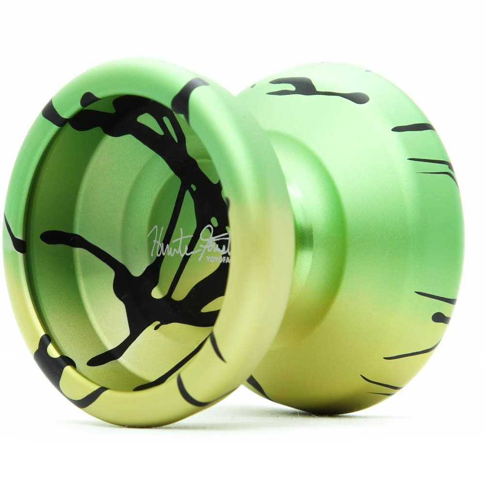 YoYoFactory Spotlight Ultra aliuminis yoyo – nereaguojantis, pažengusiems, Hunter Feuerstein parašas – geltona/žalia/juoda