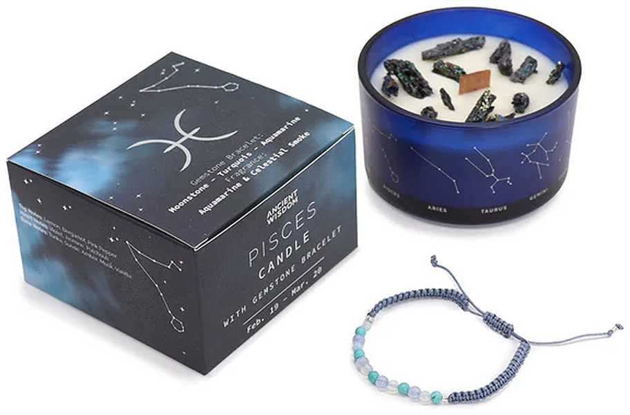 Žuvys: Zodiako kristalų žvakė su apyranke, akvamarino aromatas – Ancient Wisdom