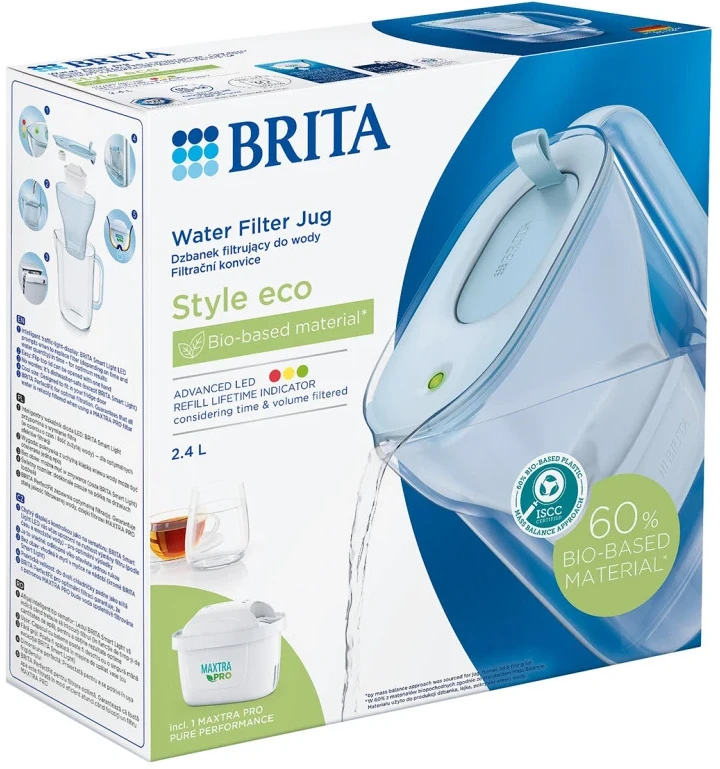 Vandens filtravimo ąsotis BRITA Style Eco 2.4L, mėlynos spalvos su 2x MAXTRA PRO filtrais +DOVANA Brita gertuvė