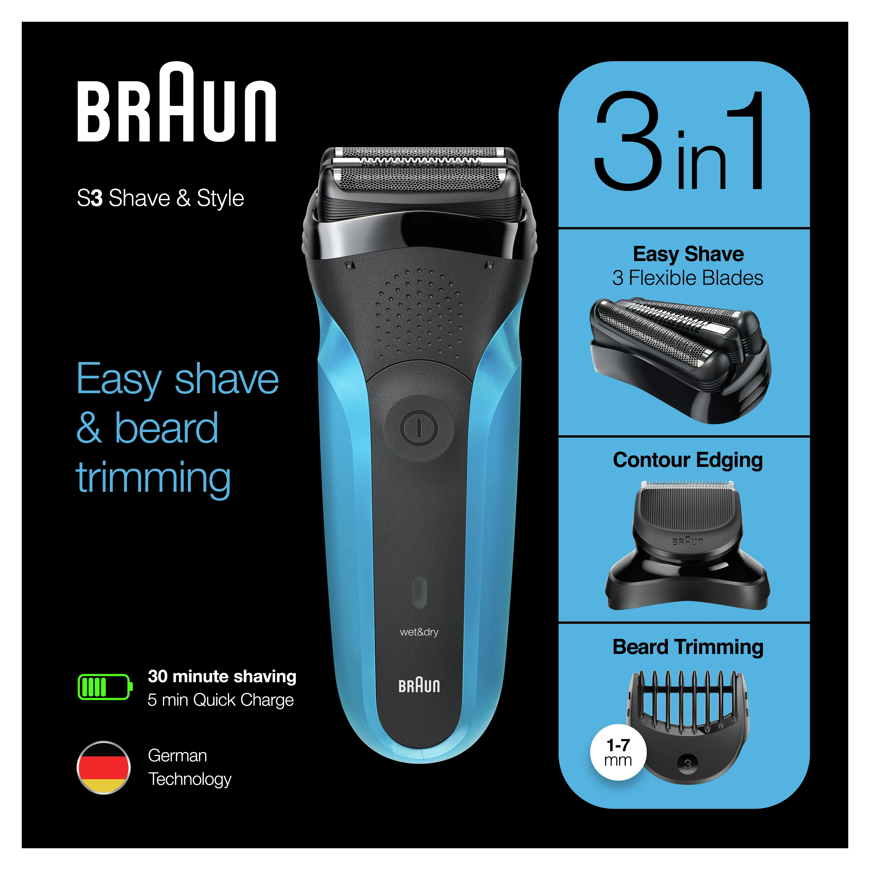 Barzdaskutė Braun Series 3 310BT Skustuvas Apkarpymo mašinėlė Juoda, Mėlyna