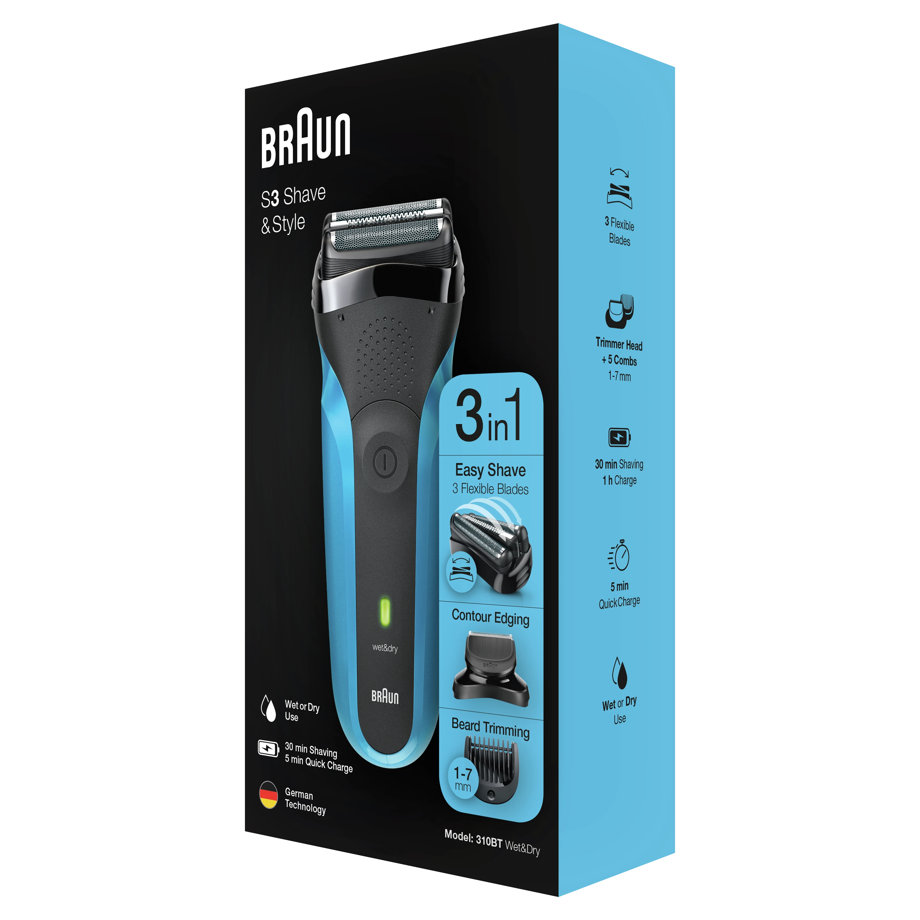 Barzdaskutė Braun Series 3 310BT Skustuvas Apkarpymo mašinėlė Juoda, Mėlyna