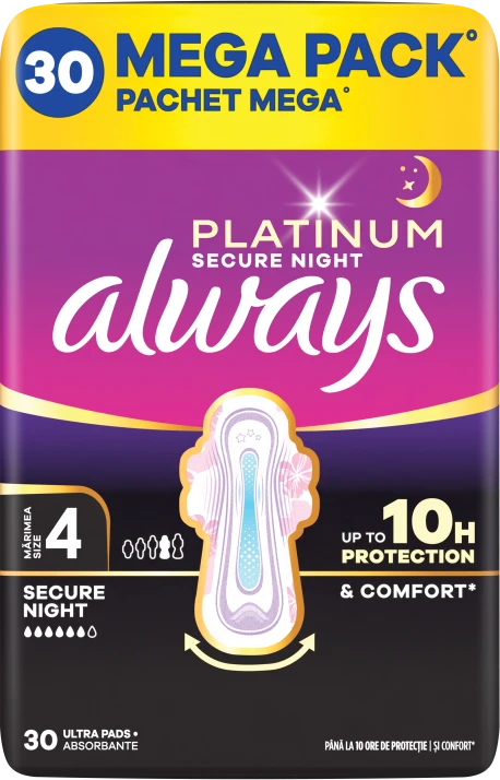 Always Platinum Secure Night Size 4 Higieniniai Paketai su Sparneliais, 30 vnt.