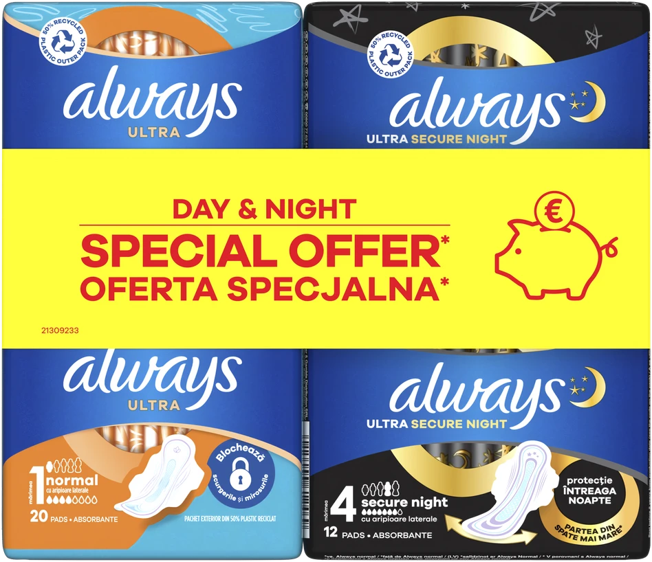 Always Ultra Higieniniai Paketai su Sparneliais Day (S1, 20 vnt.) and Night (S4, 12 vnt.)