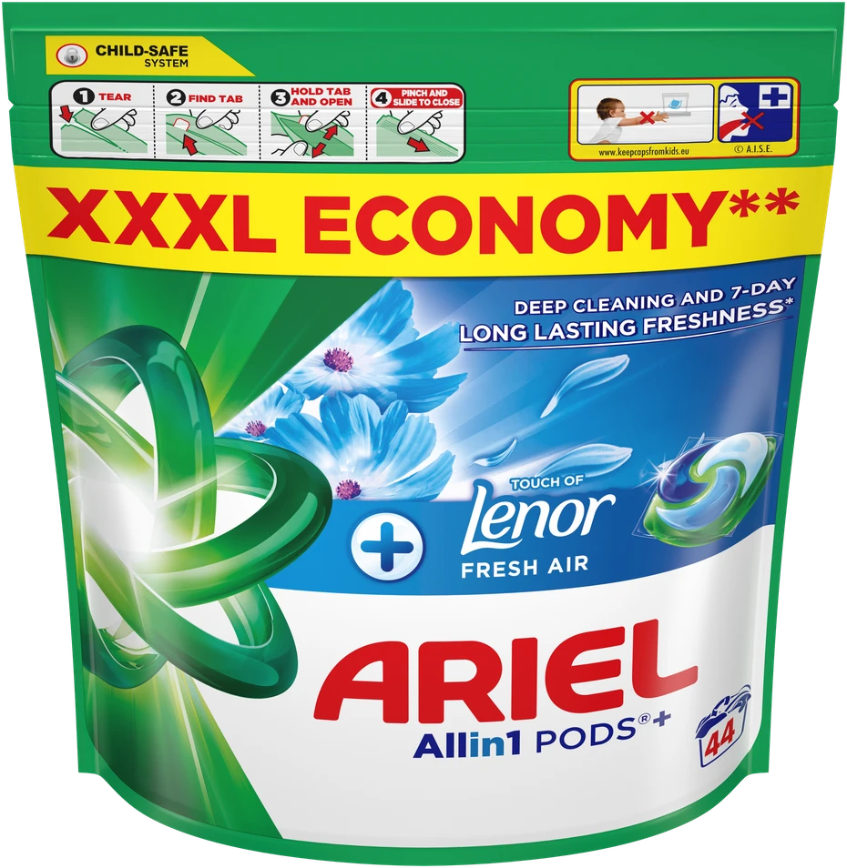 Ariel All-in-1 PODs +Touch of Fresh Air Lenor Skalbimo Kapsulės, 44 Skalb