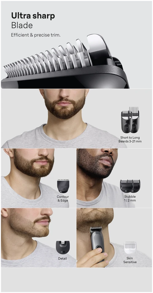 Braun AIO3540 barzdaskutė: peiliukai ir skirtingi kirpimo antgaliai