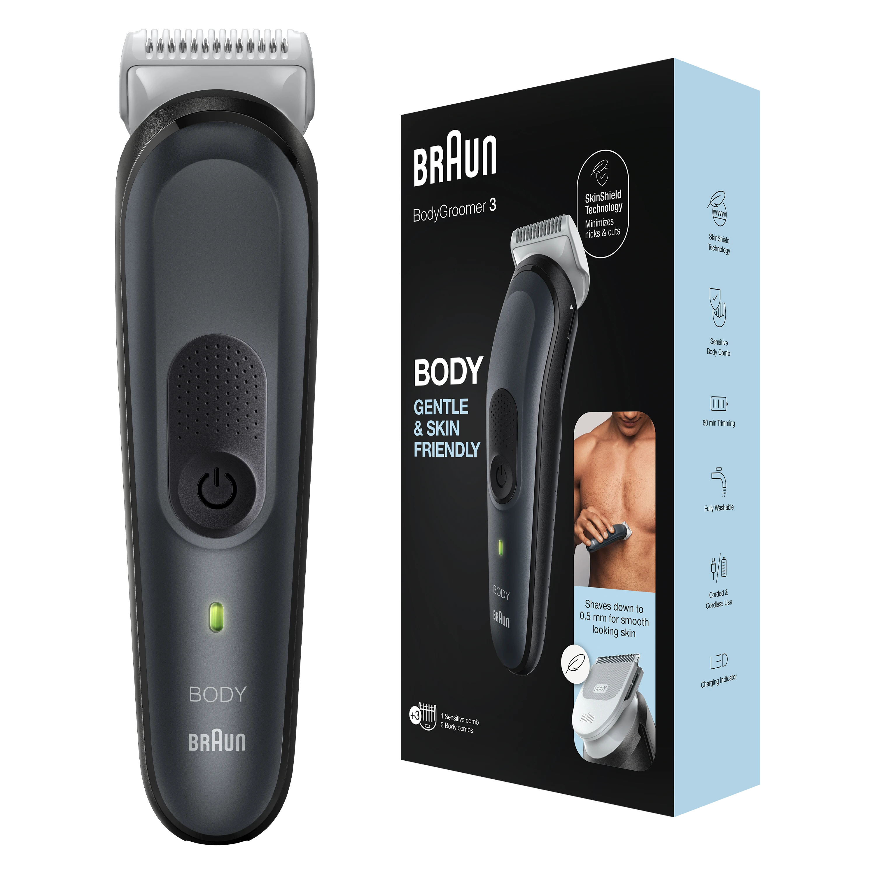 Braun | Body Groomer | BG3340 | Cordless and corded | Juodas/Pilkas