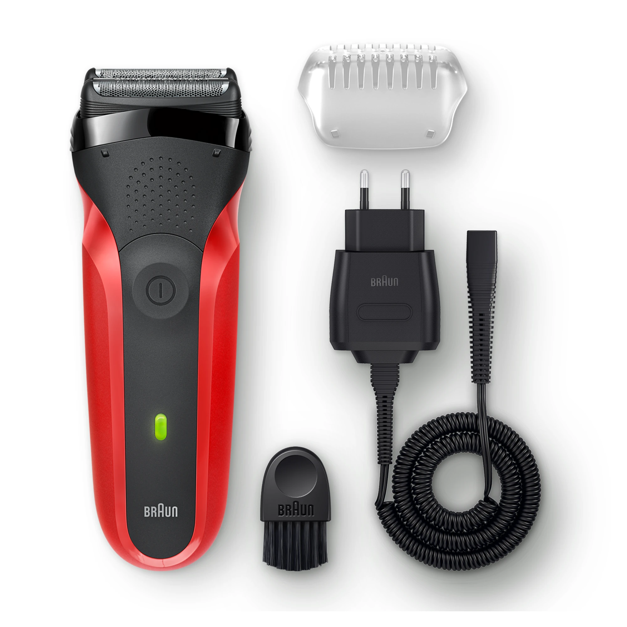 Braun 300s raudona skustuvas su priedais