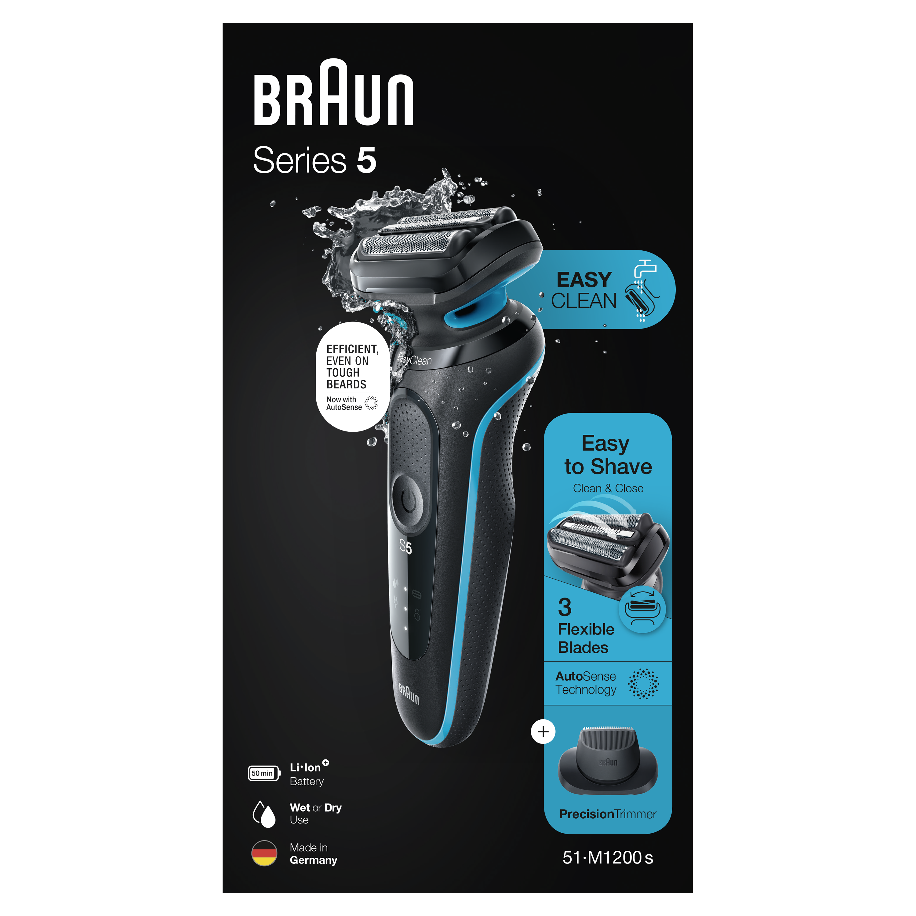 Braun | Shaver | 51-M1200s | Operating time (max) 50 min | Wet & Dry | Juodas/Mint