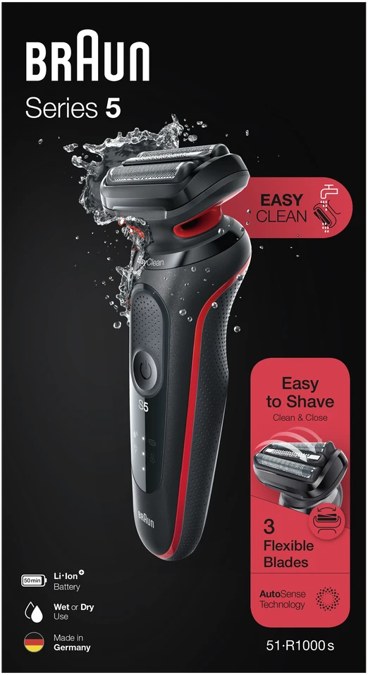 Braun | Shaver | 51-R1000s | Operating time (max) 50 min | Wet & Dry | Juodas/Raudona