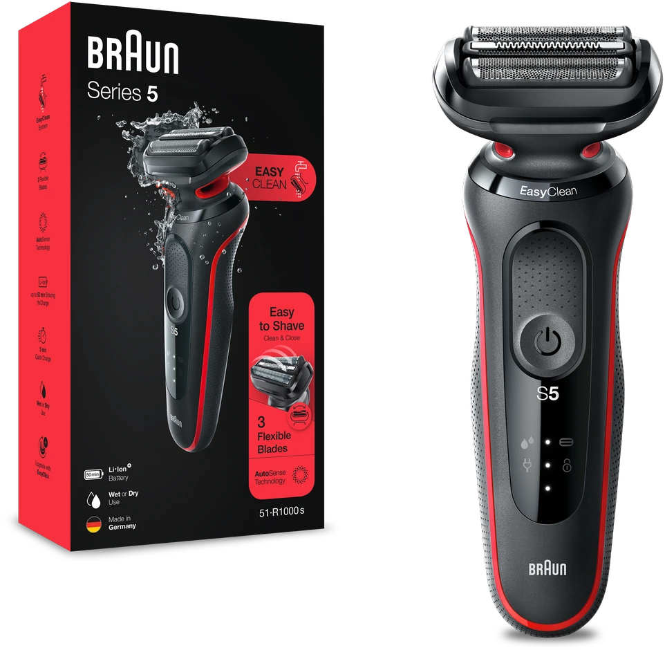 Braun | Shaver | 51-R1000s | Operating time (max) 50 min | Wet & Dry | Juodas/Raudona
