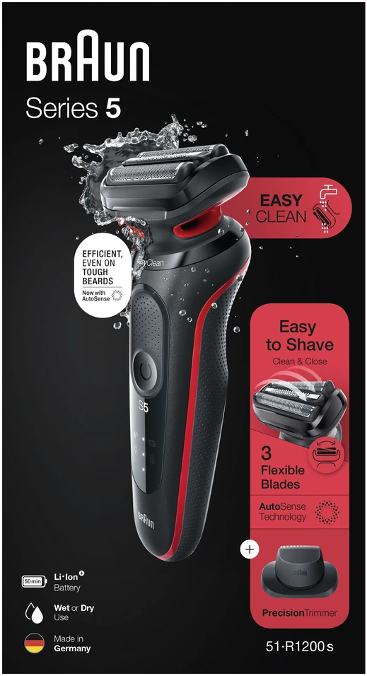 Braun | Shaver | 51-R1200s | Operating time (max) 50 min | Wet & Dry | Juodas/Raudona