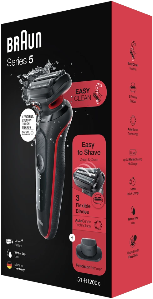 Braun | Shaver | 51-R1200s | Operating time (max) 50 min | Wet & Dry | Juodas/Raudona