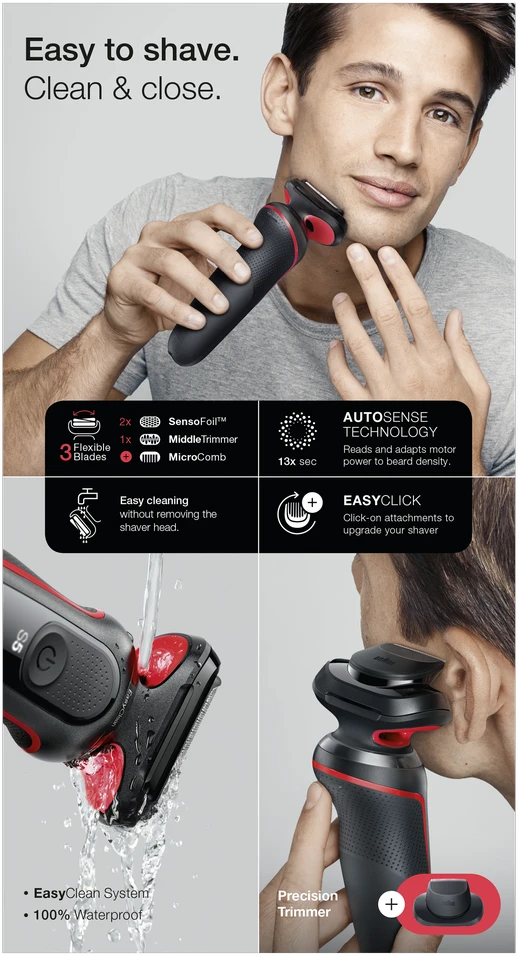 Braun | Shaver | 51-R1200s | Operating time (max) 50 min | Wet & Dry | Juodas/Raudona