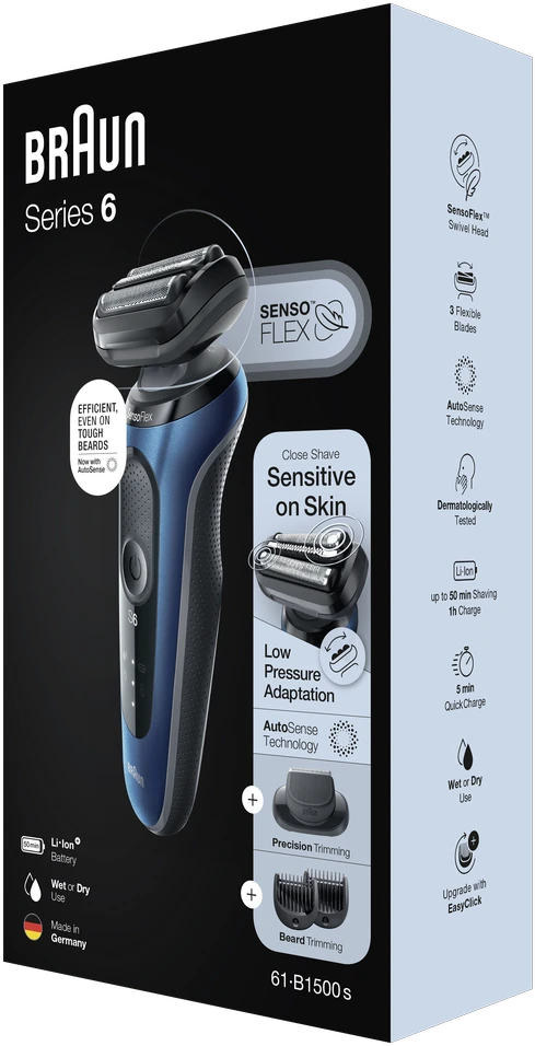 Braun | Shaver | 61-B1500s | Operating time (max) 50 min | Wet & Dry | Mėlyna/Juodas