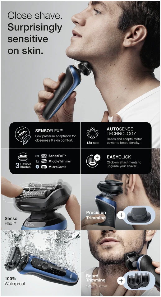 Braun | Shaver | 61-B1500s | Operating time (max) 50 min | Wet & Dry | Mėlyna/Juodas