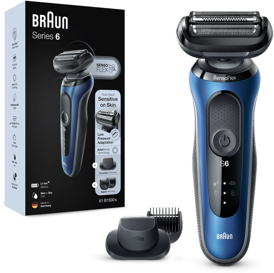 Braun | Shaver | 61-B1500s | Operating time (max) 50 min | Wet & Dry | Mėlyna/Juodas