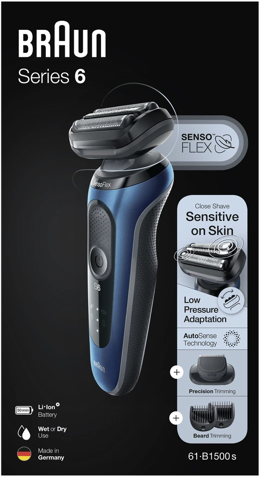 Braun | Shaver | 61-B1500s | Operating time (max) 50 min | Wet & Dry | Mėlyna/Juodas