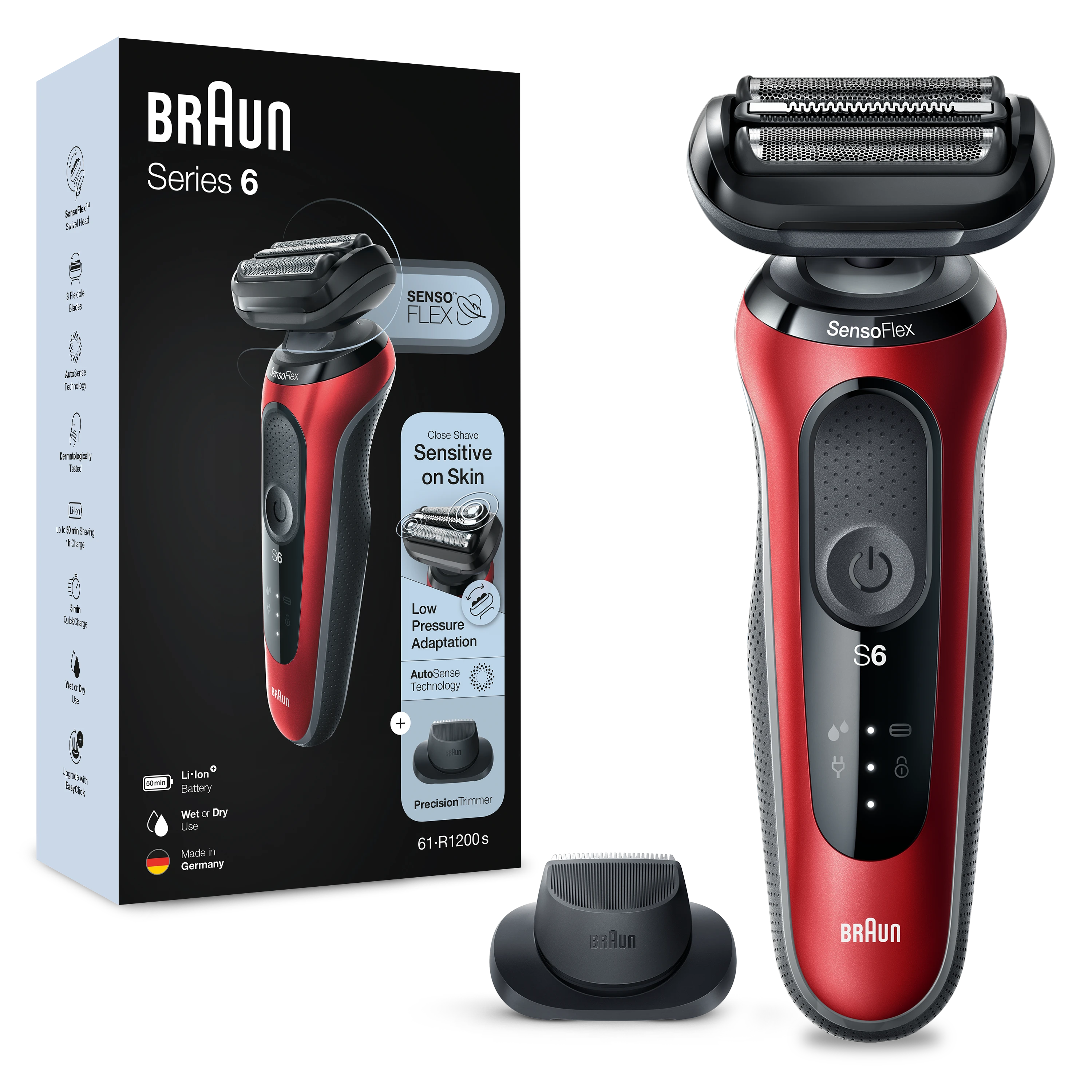 Braun | Shaver | 61-R1200s | Operating time (max) 50 min | Wet & Dry | Raudona/Juodas