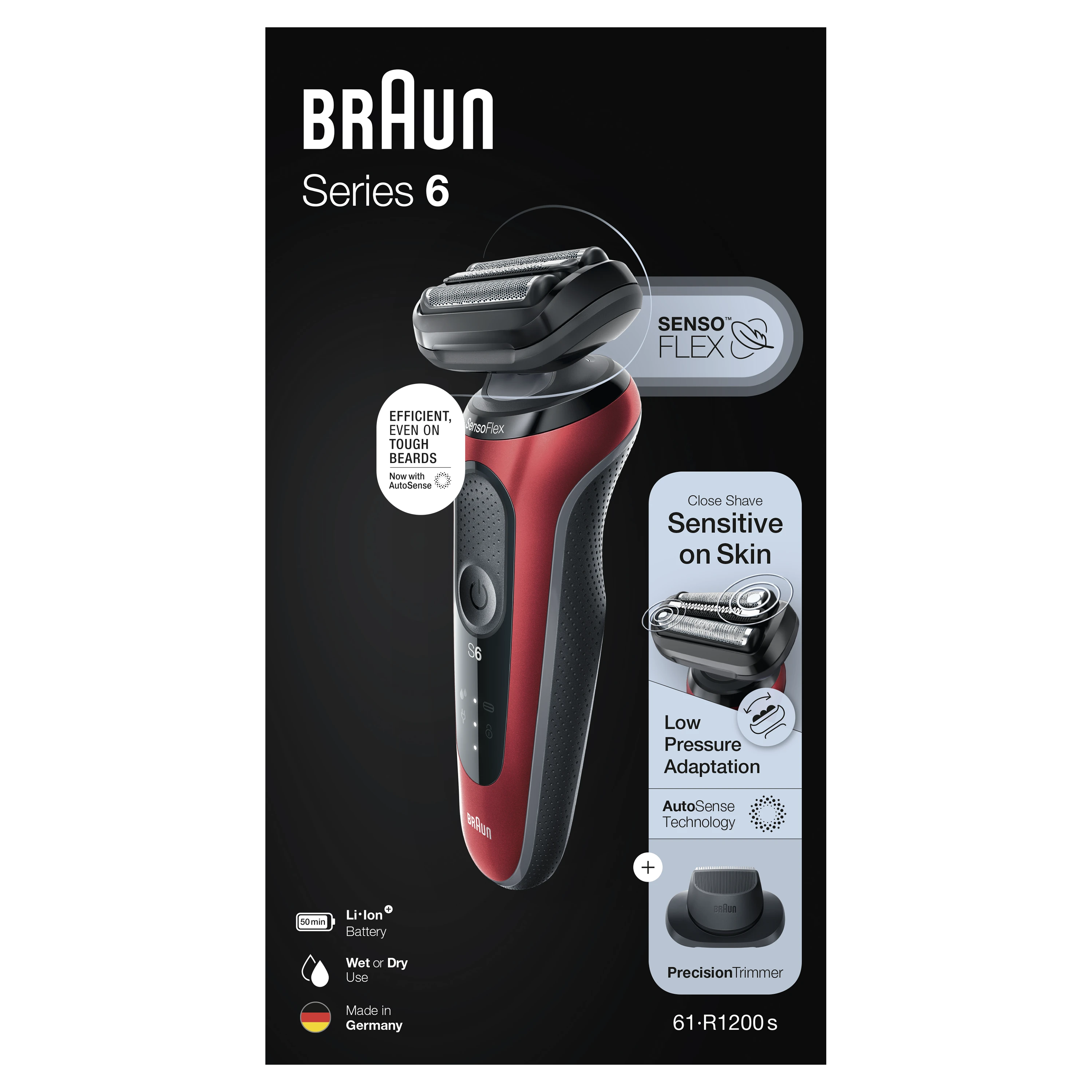 Braun | Shaver | 61-R1200s | Operating time (max) 50 min | Wet & Dry | Raudona/Juodas