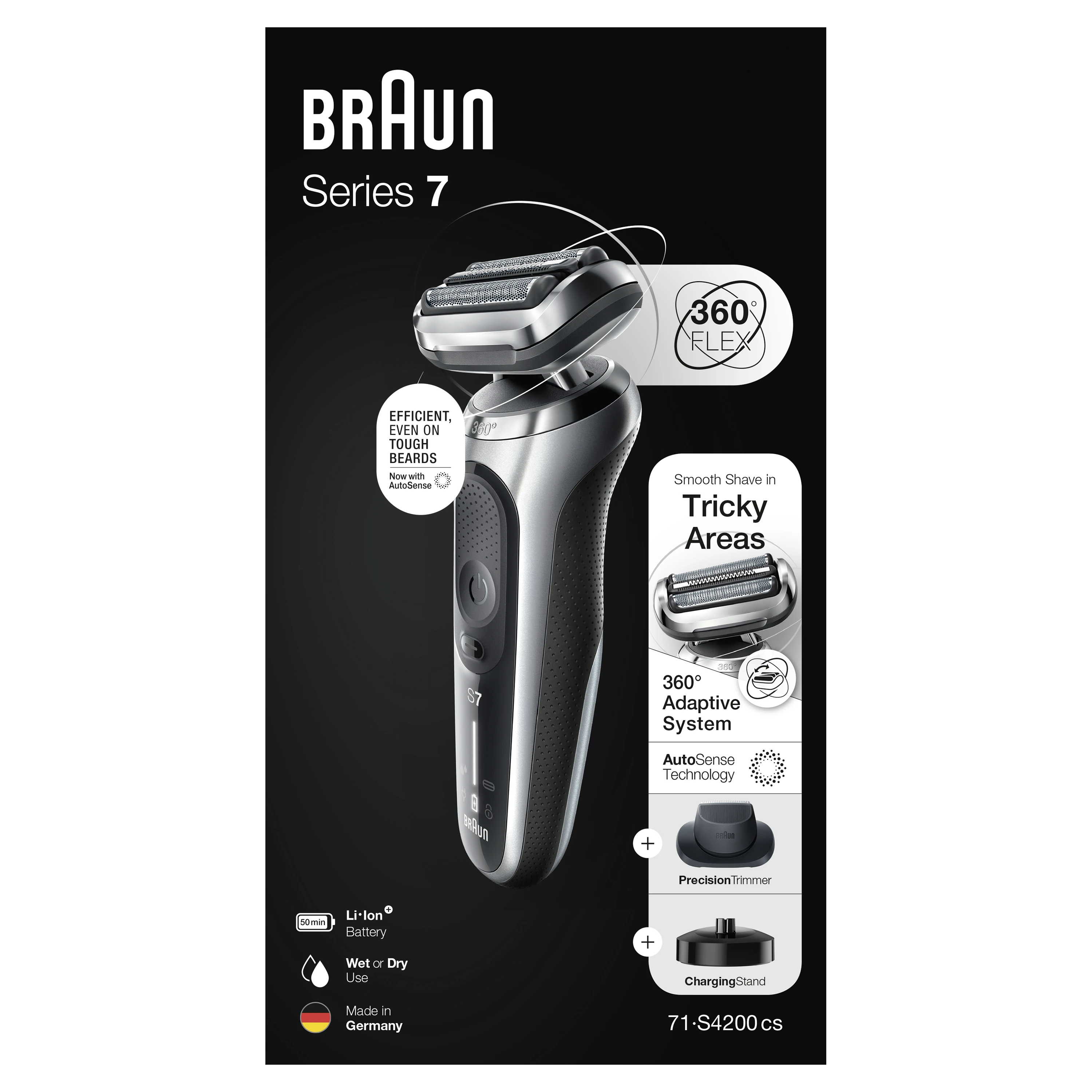 Barzdaskutė Braun | Shaver | 71-S4200cs | Operating time (max) 50 min | Wet & Dry | Sidabrinis/Juodas