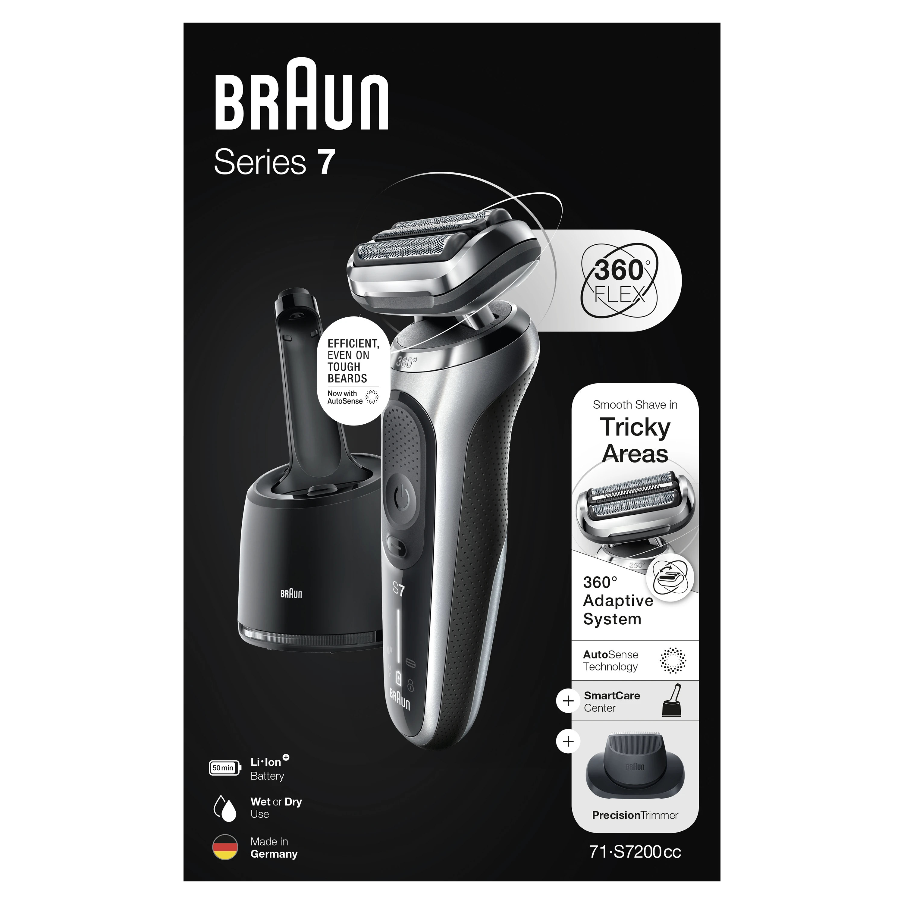 Braun 71-S7200cc barzdaskutė Series 7 360° Flex, AutoSence