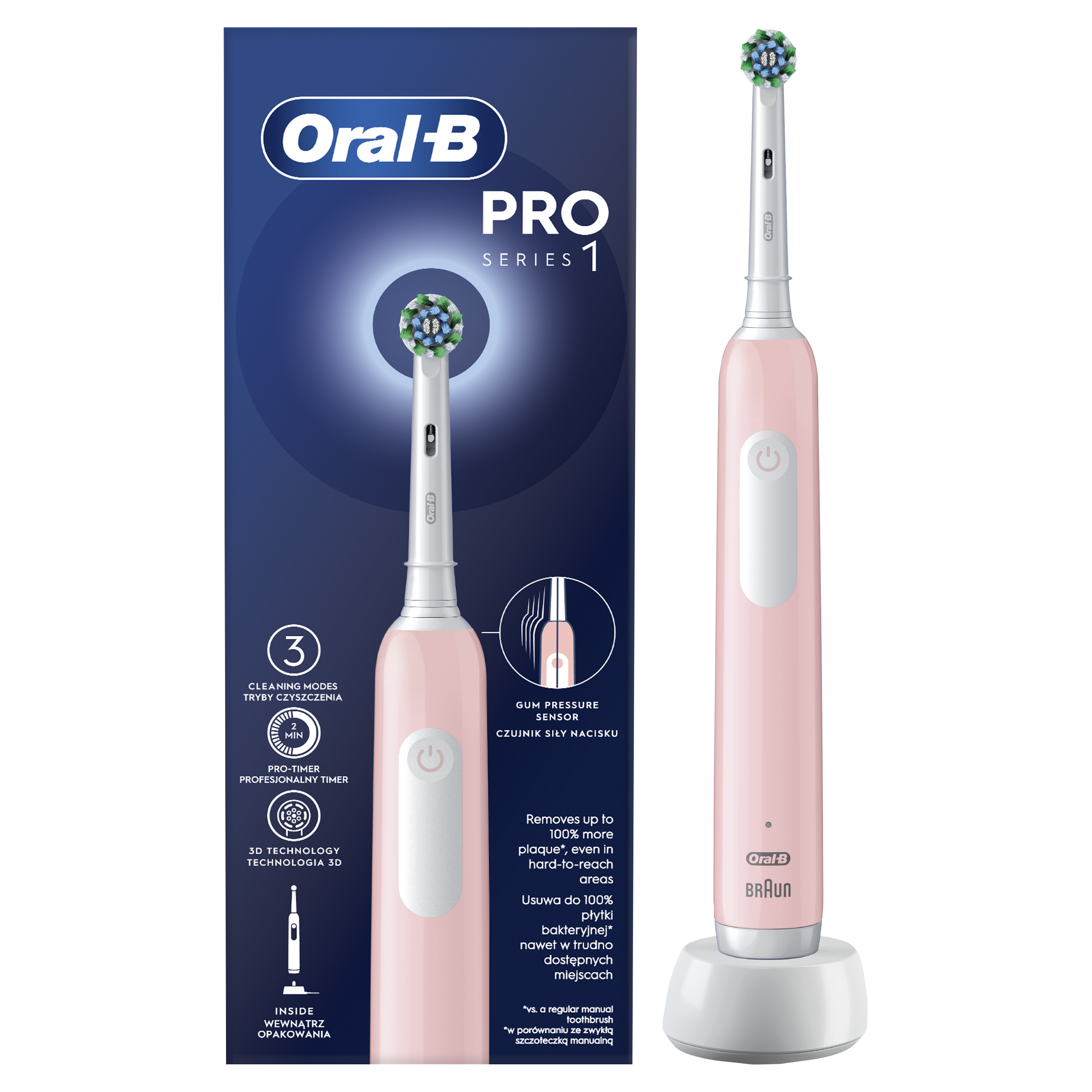 Oral-B Braun D305.513.3 Pro Series 1 Elektrinis Dantų Šepetėlis Rožinė Cross Action