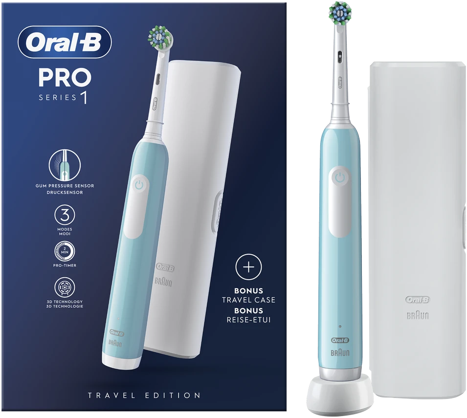 Braun Oral-B | Elektrinis dantų šepetėlis su Travel Case | Pro Series 1 | Įkraunamas | Suaugusiems | Šepetėlių skaičius galvutės įeina 1 | Number of teeth brushing modes 3 | Caribbean Mėlyna