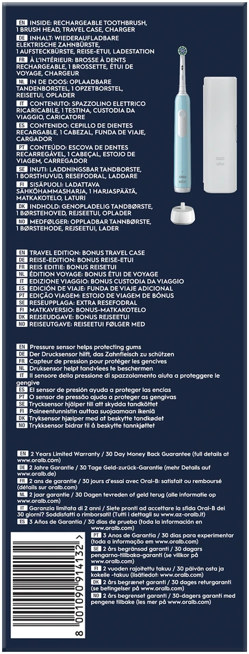 Braun Oral-B | Elektrinis dantų šepetėlis su Travel Case | Pro Series 1 | Įkraunamas | Suaugusiems | Šepetėlių skaičius galvutės įeina 1 | Number of teeth brushing modes 3 | Caribbean Mėlyna