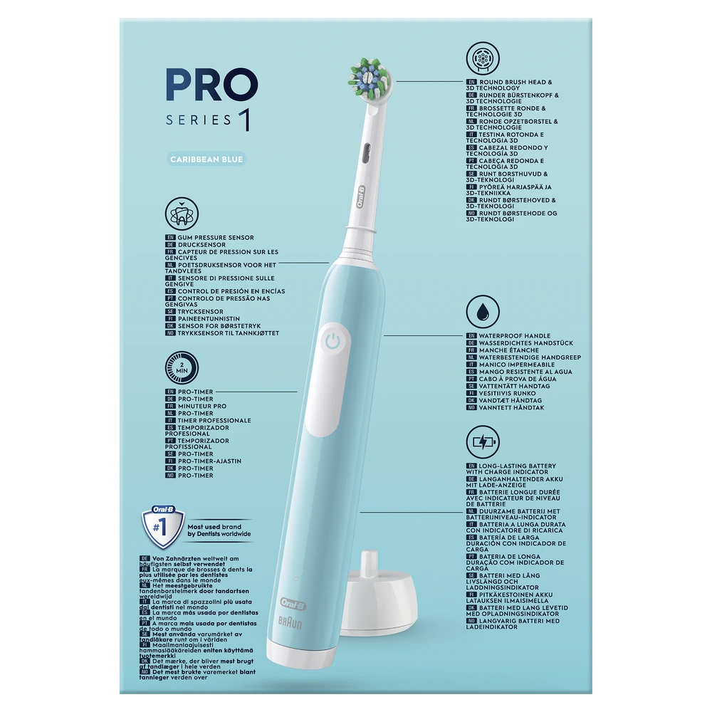 Braun Oral-B | Elektrinis dantų šepetėlis su Travel Case | Pro Series 1 | Įkraunamas | Suaugusiems | Šepetėlių skaičius galvutės įeina 1 | Number of teeth brushing modes 3 | Caribbean Mėlyna