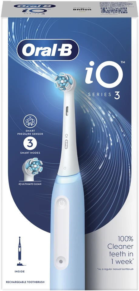 Oral-B | Elektrinis dantų šepetėlis | iO3 Series | Įkraunamas | Suaugusiems | Šepetėlių skaičius galvutės įeina 1 | Number of teeth brushing modes 3 | Ice Mėlyna