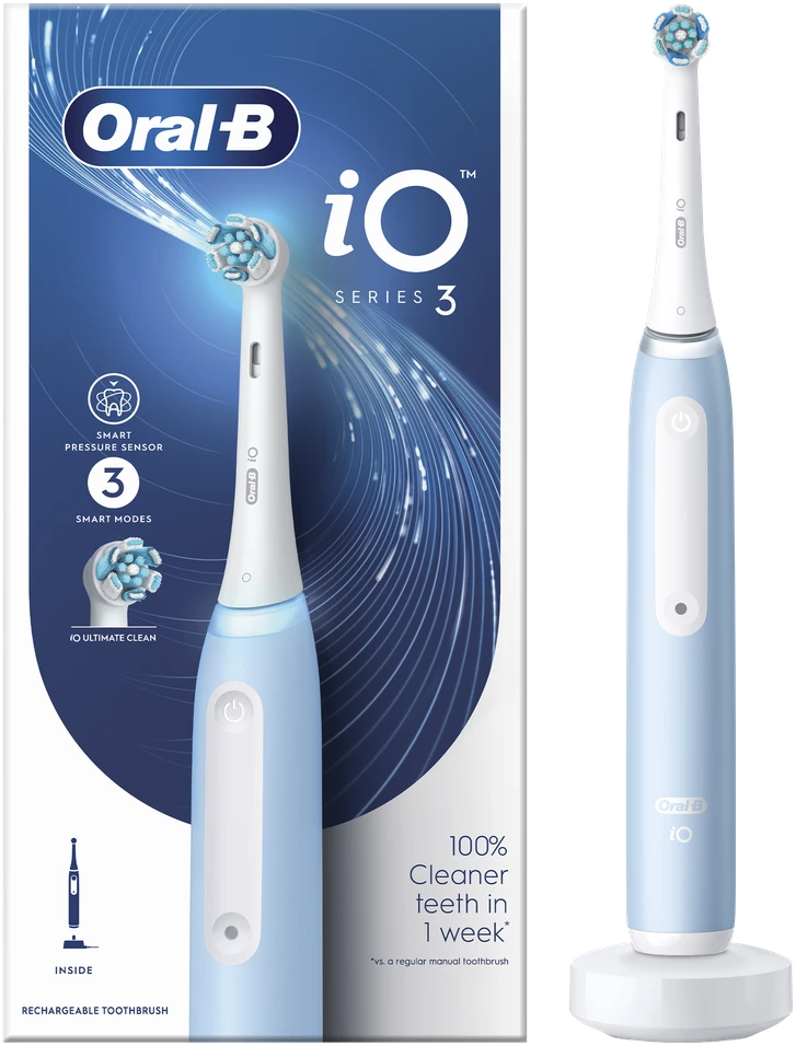 Oral-B | Elektrinis dantų šepetėlis | iO3 Series | Įkraunamas | Suaugusiems | Šepetėlių skaičius galvutės įeina 1 | Number of teeth brushing modes 3 | Ice Mėlyna