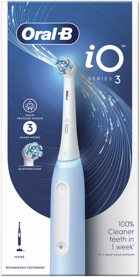 Oral-B | Elektrinis dantų šepetėlis | iO3 Series | Įkraunamas | Suaugusiems | Šepetėlių skaičius galvutės įeina 1 | Number of teeth brushing modes 3 | Ice Mėlyna