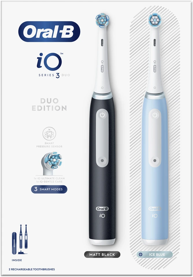 Braun iOG3d.2i6.2K Oral-B iO3 Elektrinis Dantų Šepetėlis Matt Juodas/Ice Mėlyna Duo Pack Edition