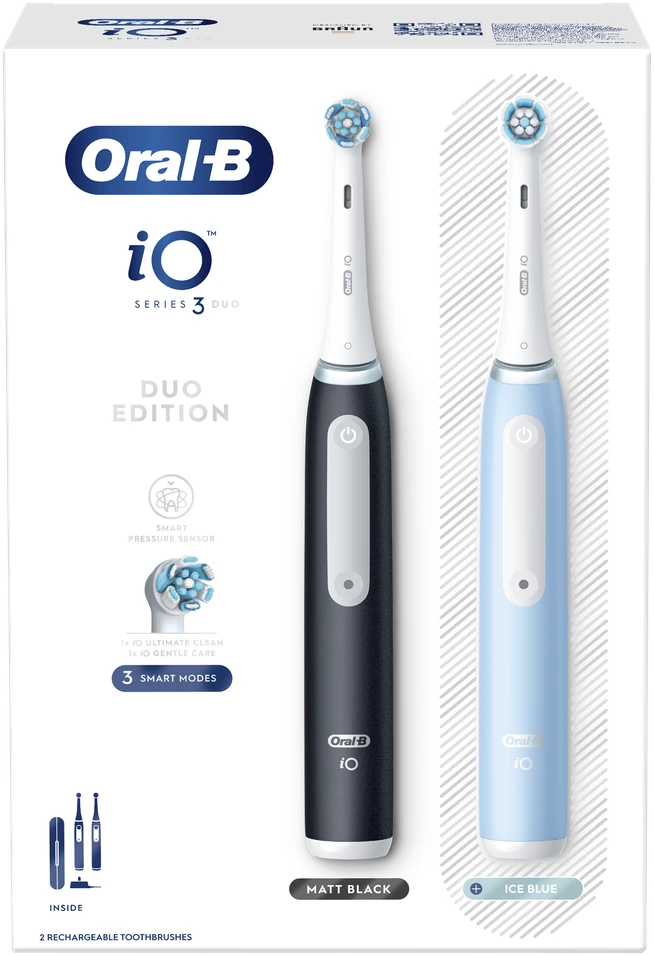 Braun iOG3d.2i6.2K Oral-B iO3 Elektrinis Dantų Šepetėlis Matt Juodas/Ice Mėlyna Duo Pack Edition