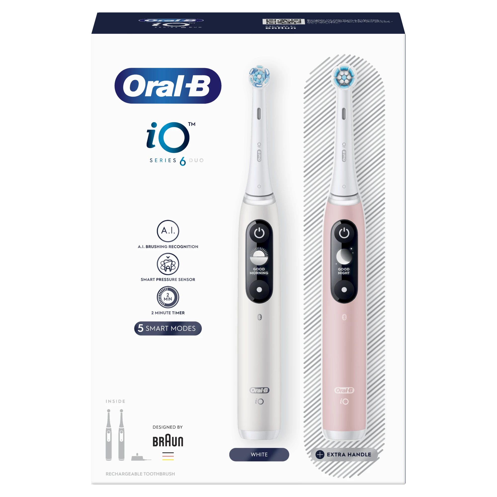 Braun iOM6d.2I6.1 Oral-B iO6 Duo Pack Elektrinis Dantų Šepetėlis Baltas + Rožinė Sand Extra Handle