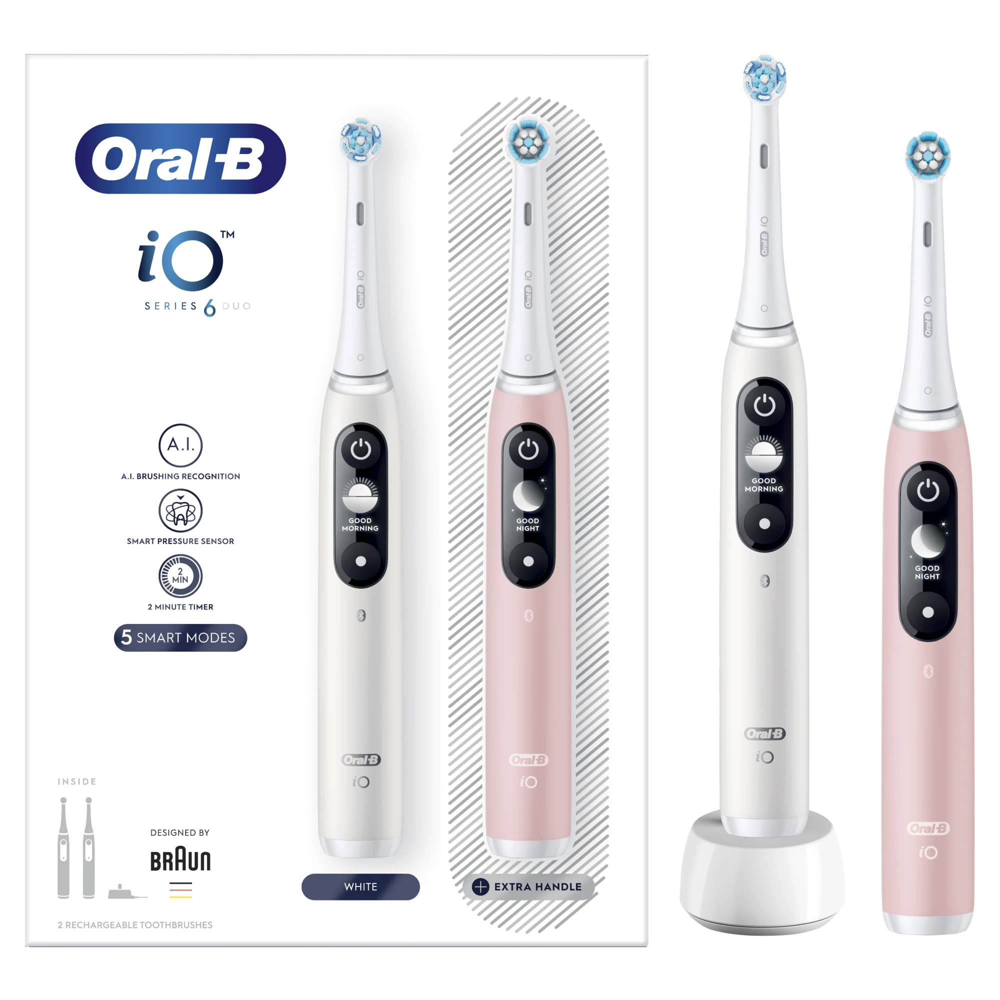 Braun iOM6d.2I6.1 Oral-B iO6 Duo Pack Elektrinis Dantų Šepetėlis Baltas + Rožinė Sand Extra Handle