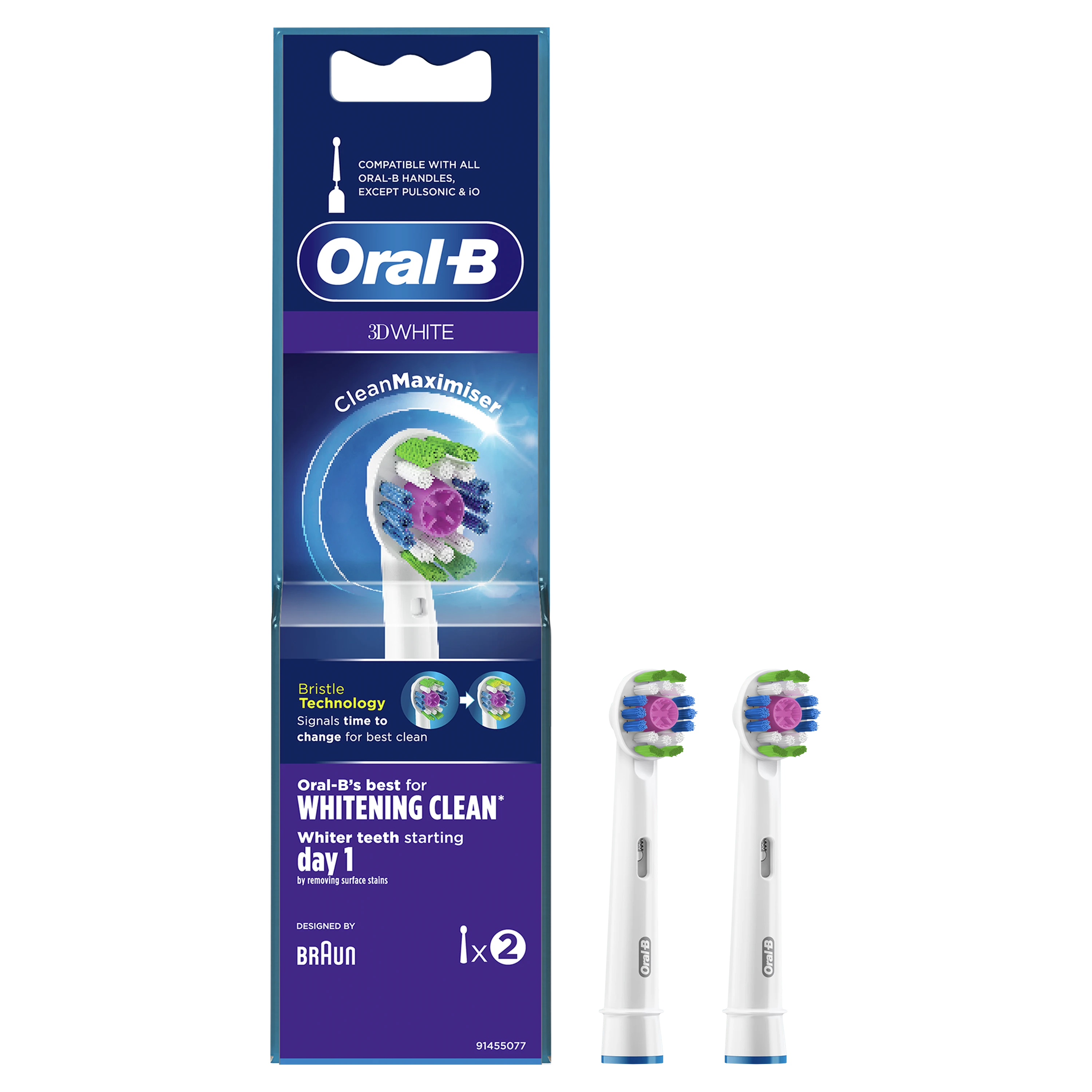 Oral-B EB18-2 3D White galvutės pakuotė ir dvi atsarginės dalys