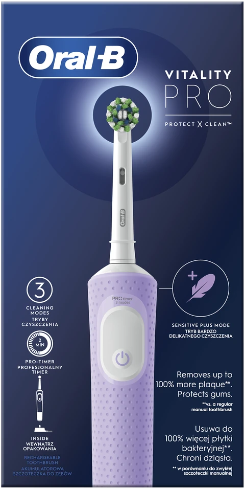 Braun Oral-B | Elektrinis dantų šepetėlis | D103 Vitality Pro | Įkraunamas | Suaugusiems | Šepetėlių skaičius galvutės įeina 1 | Number of teeth brushing modes 3 | Lilac Mist