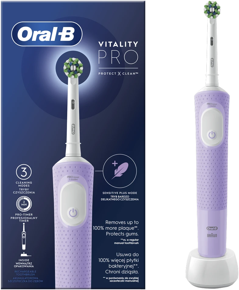 Braun Oral-B | Elektrinis dantų šepetėlis | D103 Vitality Pro | Įkraunamas | Suaugusiems | Šepetėlių skaičius galvutės įeina 1 | Number of teeth brushing modes 3 | Lilac Mist