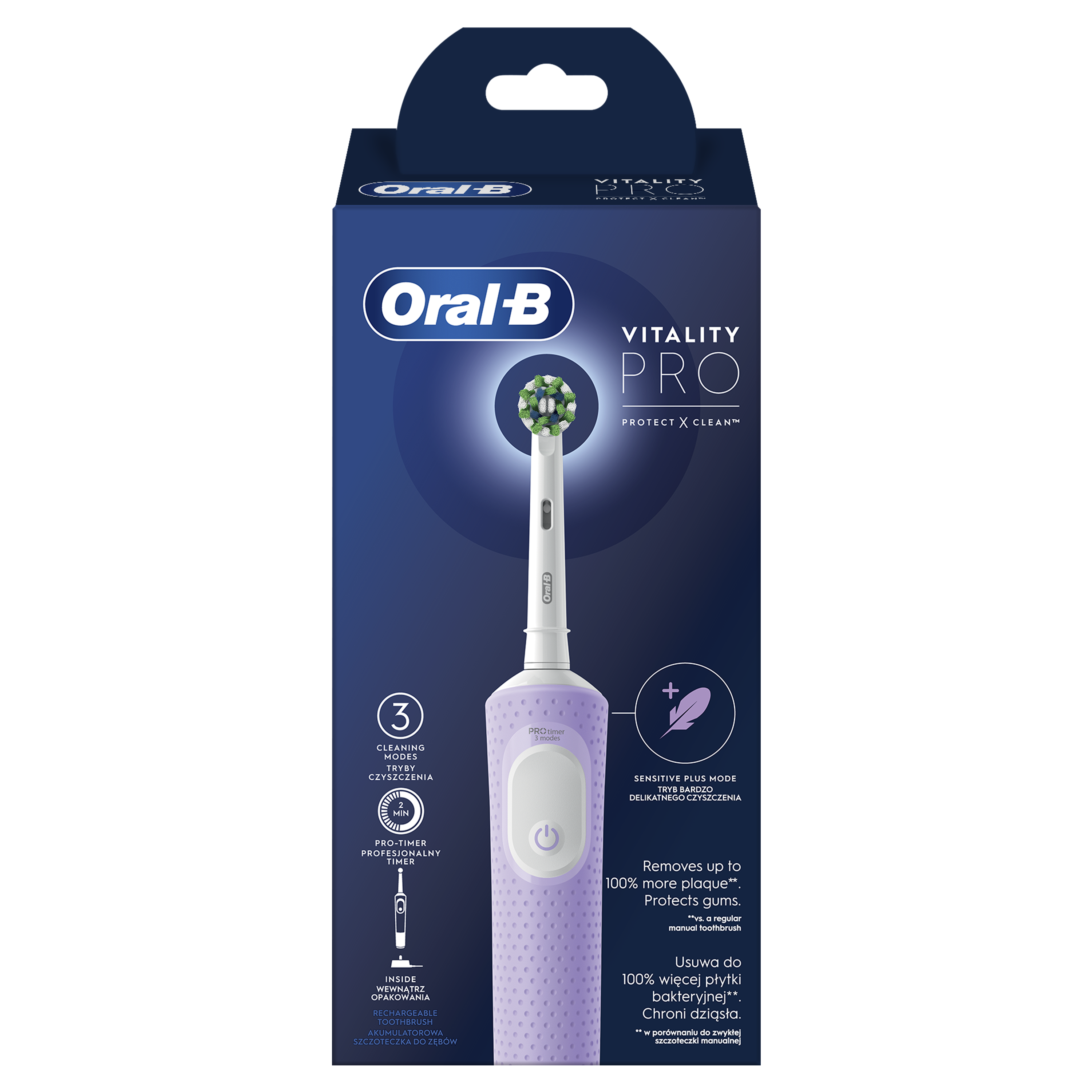 Braun Oral-B | Elektrinis dantų šepetėlis | D103 Vitality Pro | Įkraunamas | Suaugusiems | Šepetėlių skaičius galvutės įeina 1 | Number of teeth brushing modes 3 | Lilac Mist