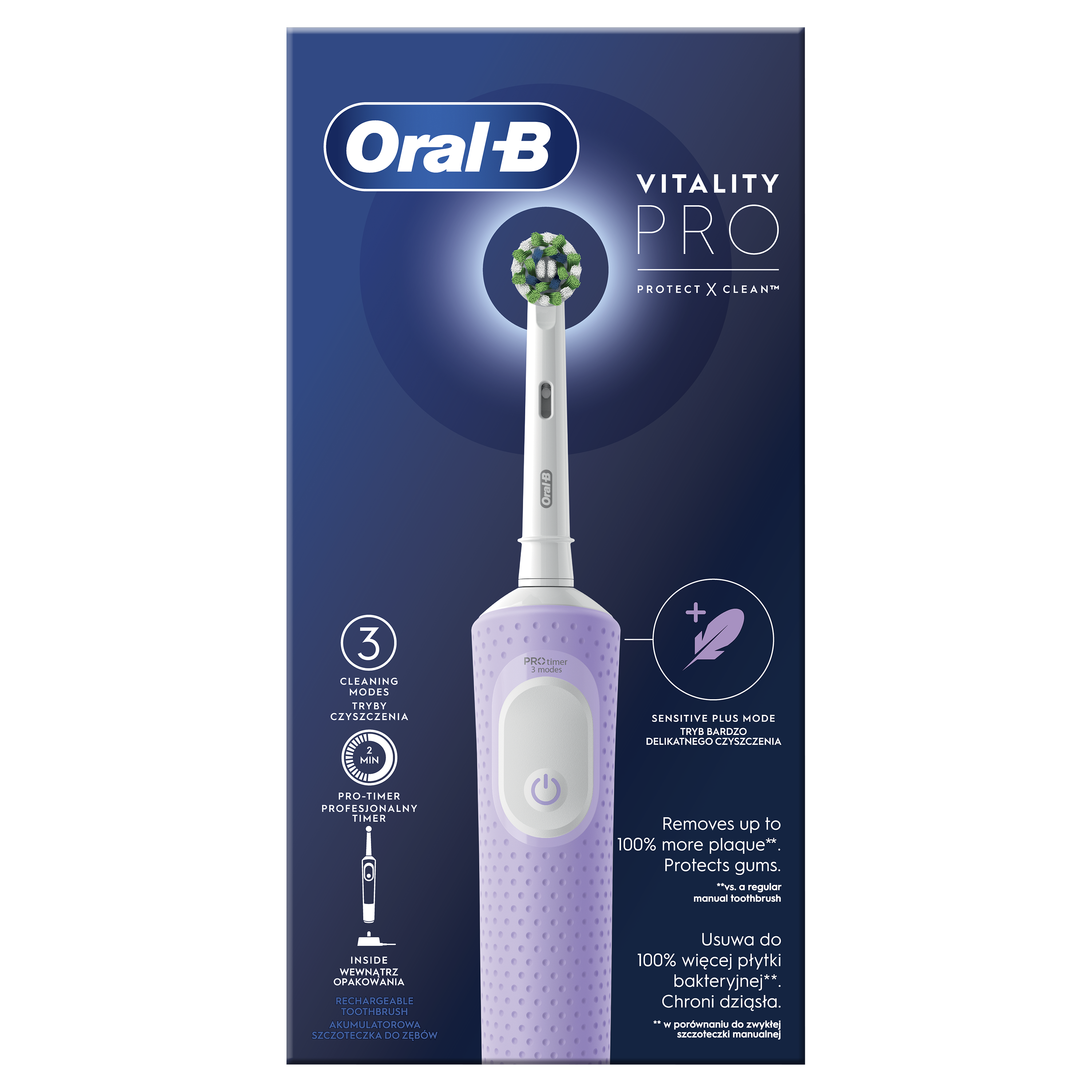 Braun Oral-B | Elektrinis dantų šepetėlis | D103 Vitality Pro | Įkraunamas | Suaugusiems | Šepetėlių skaičius galvutės įeina 1 | Number of teeth brushing modes 3 | Lilac Mist