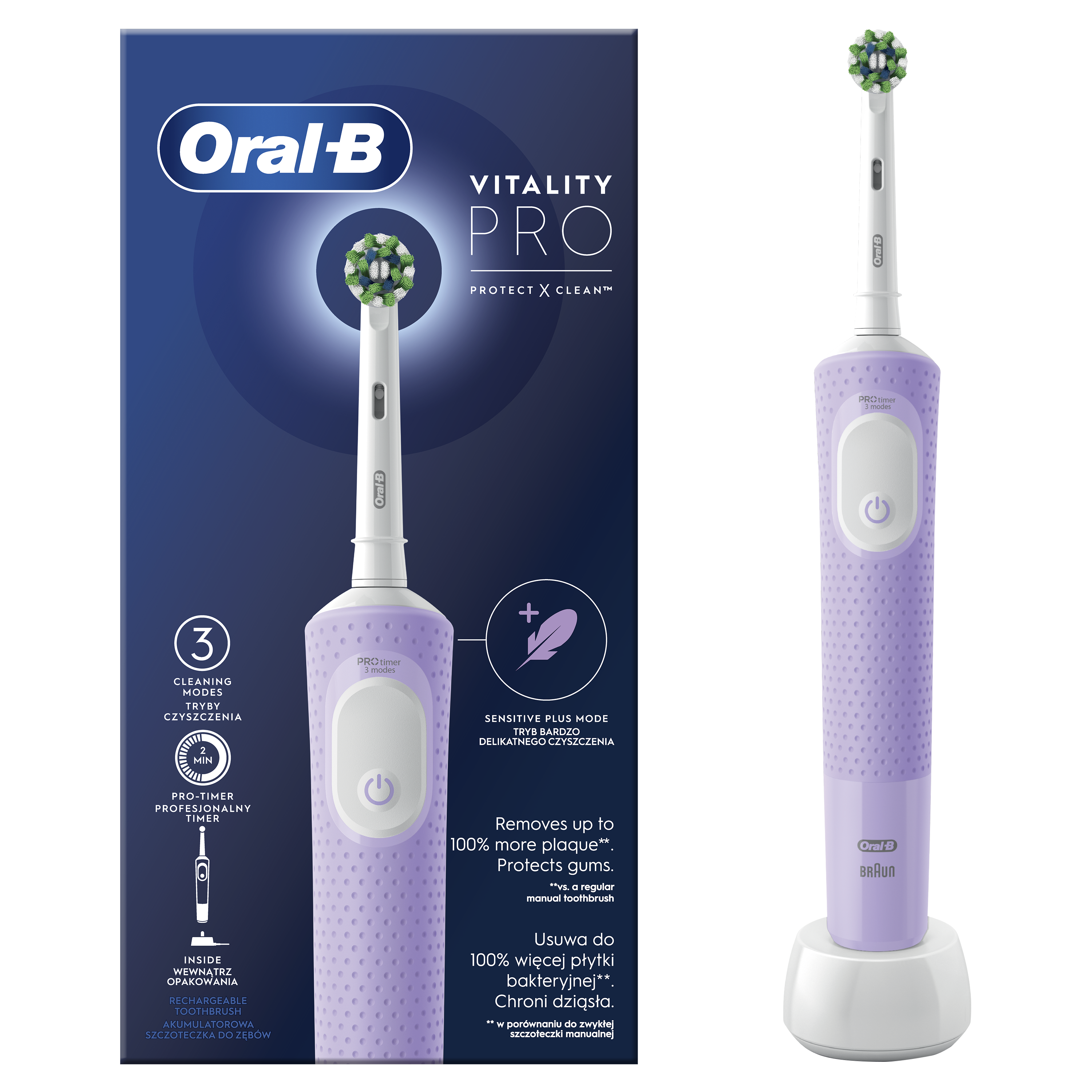 Braun Oral-B | Elektrinis dantų šepetėlis | D103 Vitality Pro | Įkraunamas | Suaugusiems | Šepetėlių skaičius galvutės įeina 1 | Number of teeth brushing modes 3 | Lilac Mist
