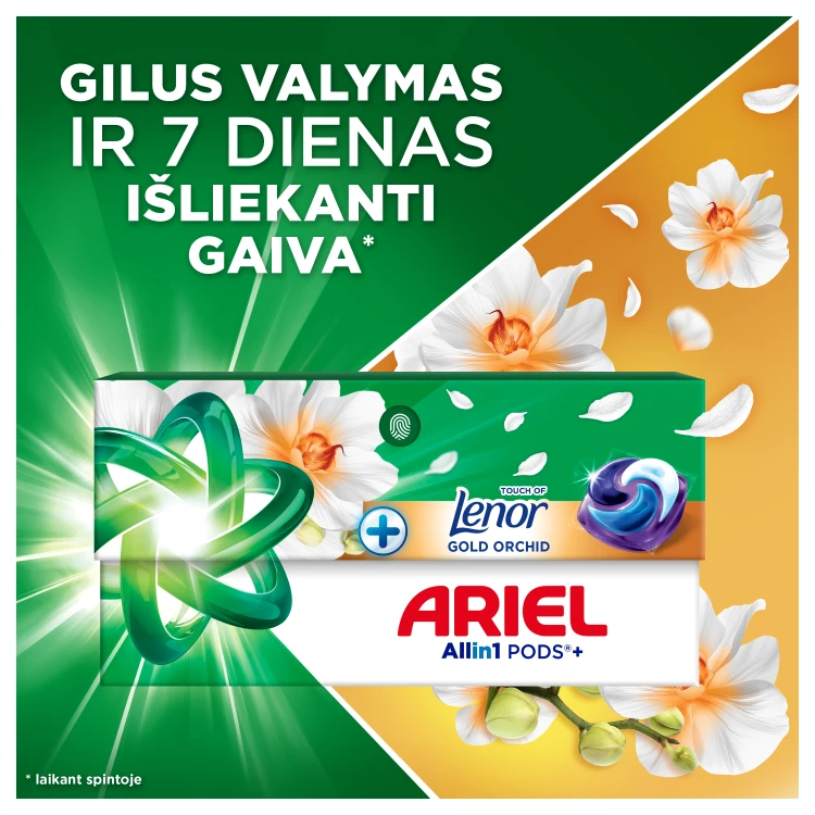 Ariel All-in-1 Pods Touch Of Lenor Gold Orchid Želinės Skalbimo Kapsulės, 50 Kapsulės aprašymas - Prekės nuotrauka