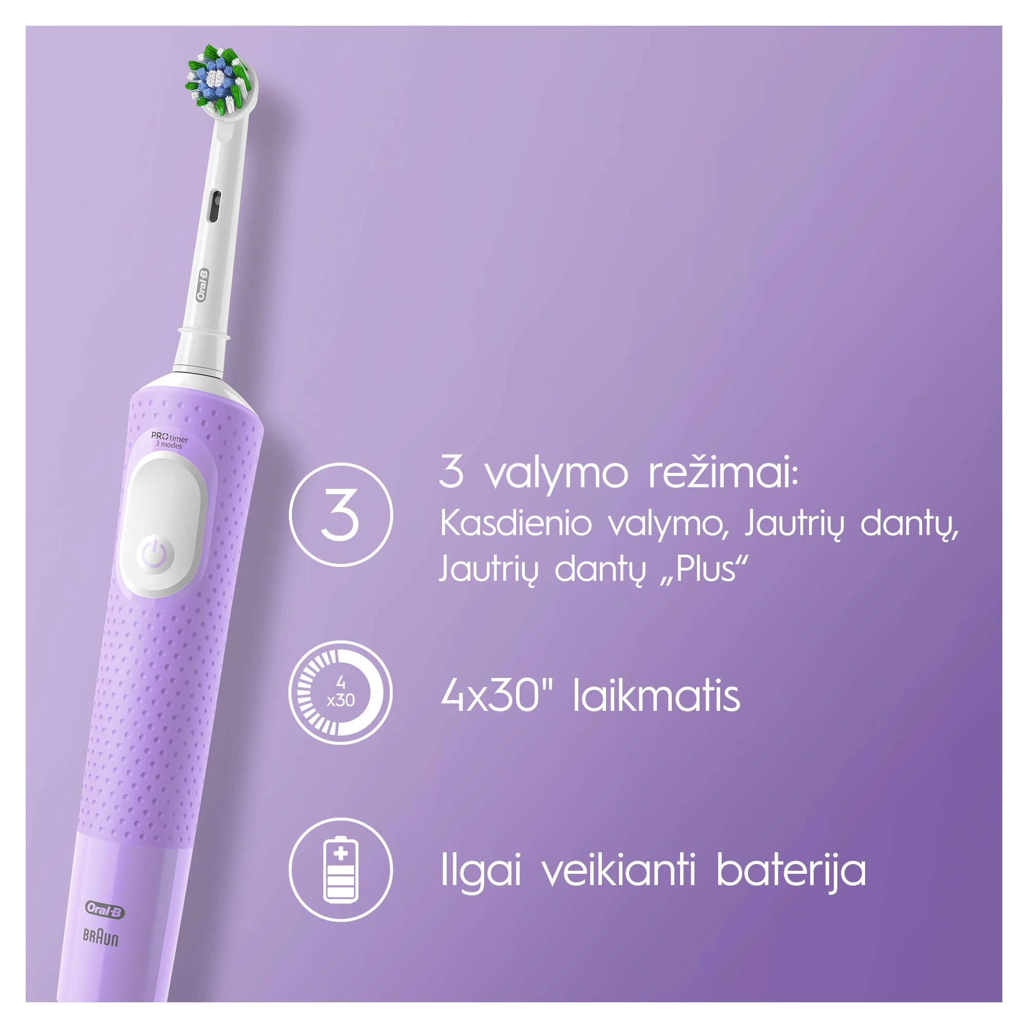 Braun Oral-B | Elektrinis dantų šepetėlis | D103 Vitality Pro | Įkraunamas | Suaugusiems | Šepetėlių skaičius galvutės įeina 1 | Number of teeth brushing modes 3 | Lilac Mist aprašymas - Prekės nuotrauka