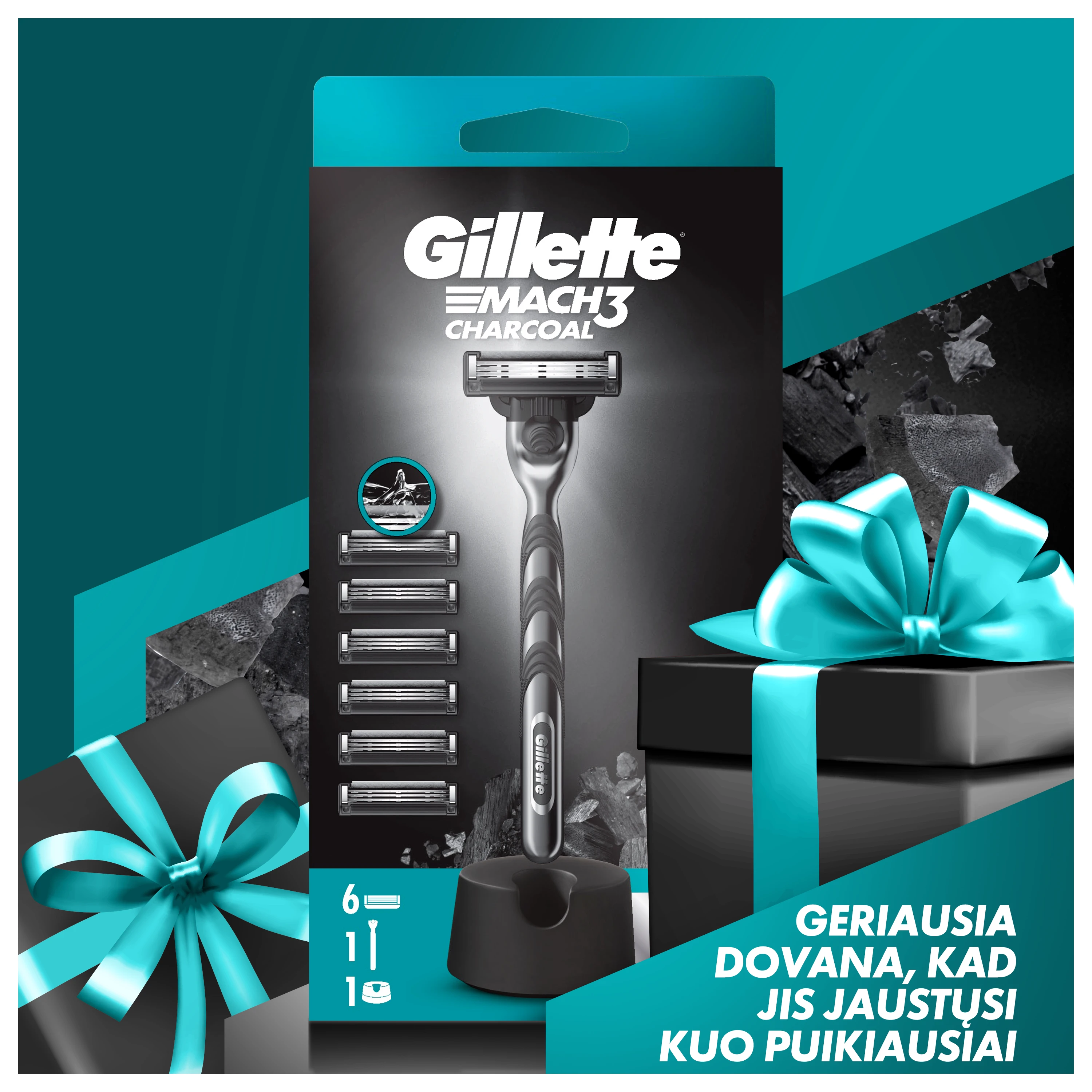 Gillette Mach3 Charcoal Skustuvas Vyrams, 1 Gillette Skustuvas + 6 Keičiamos Galvutės aprašymas - Prekės nuotrauka
